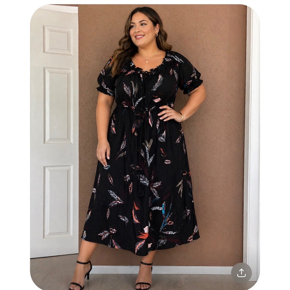 Torrid Black Feather Print Smocked Midi Dress Puff Sleeve Pockets Size 1 Plus